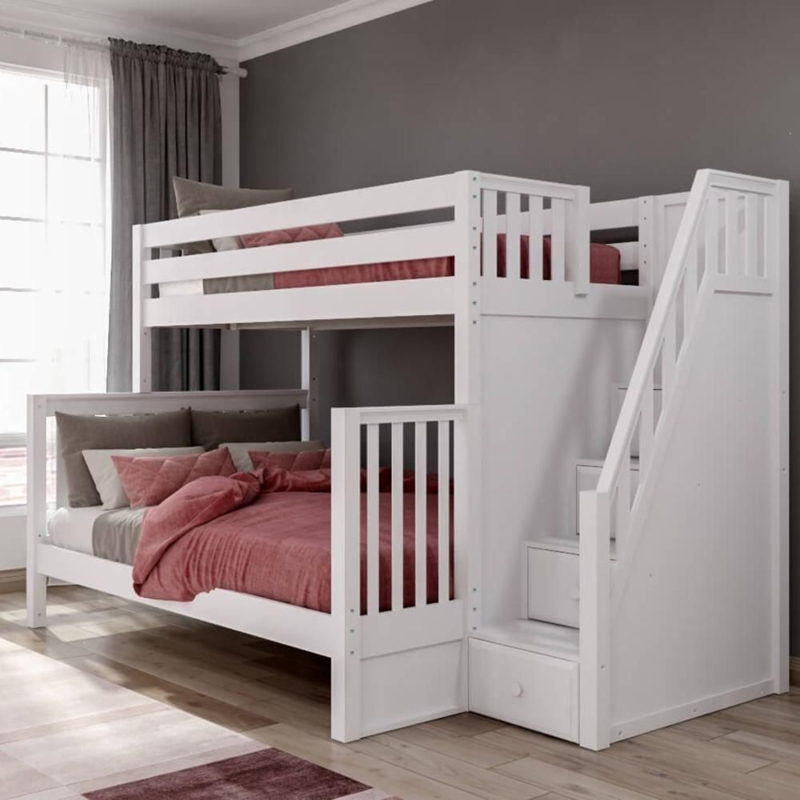 White High Twin XL over Queen Bunk Bed with Stairs
