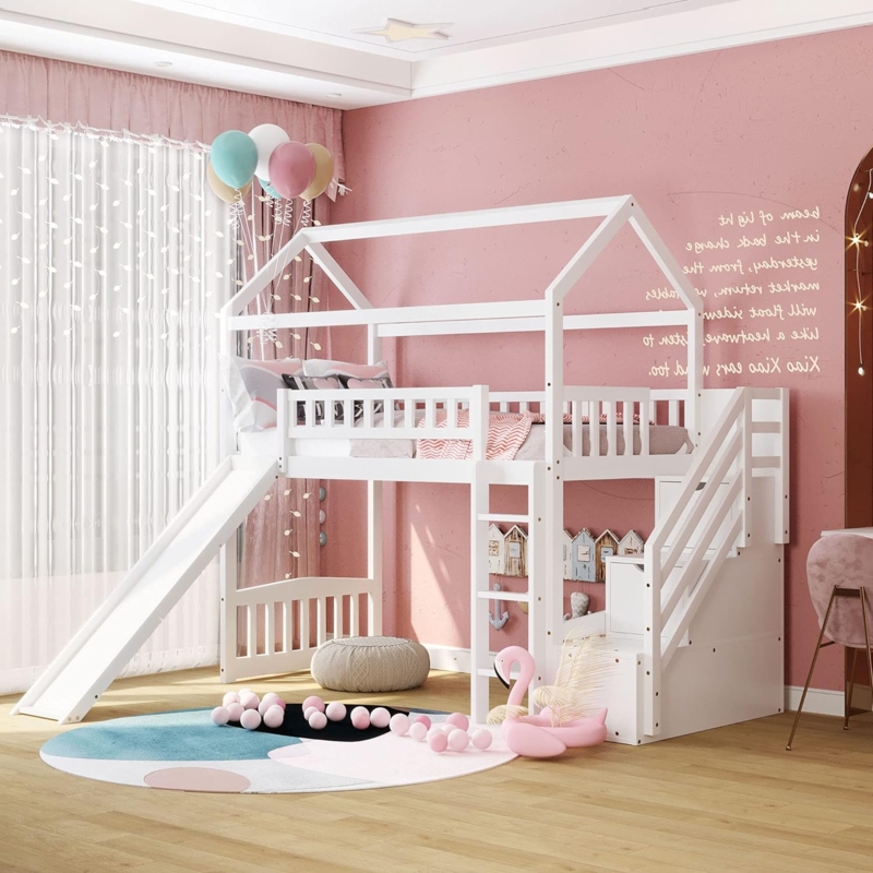 White Kids Loft Bed with Slide and Stairs