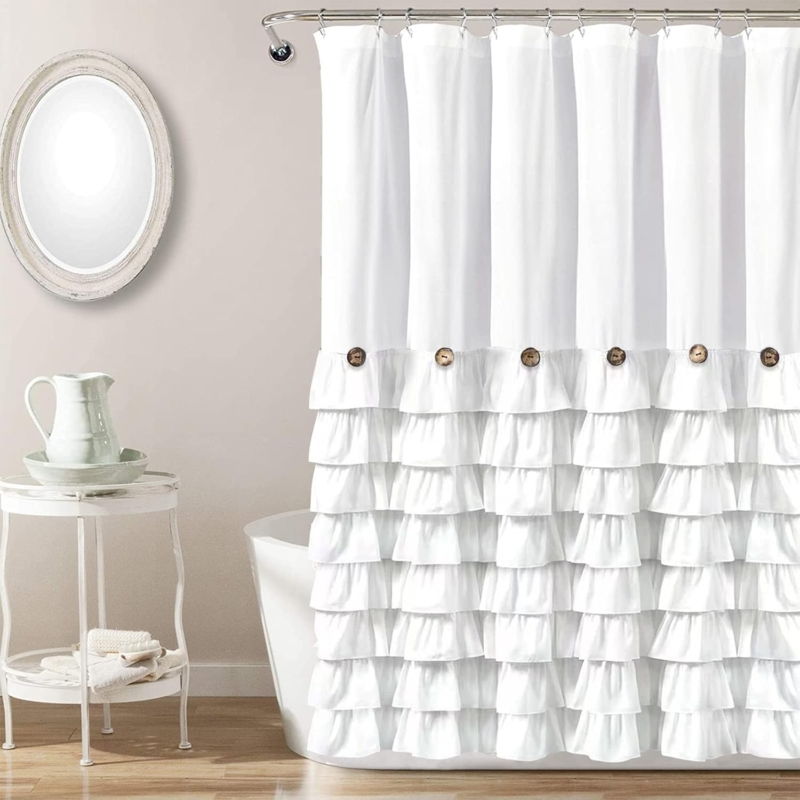 White Ruffle Farmhouse Shower Curtain with Buttons