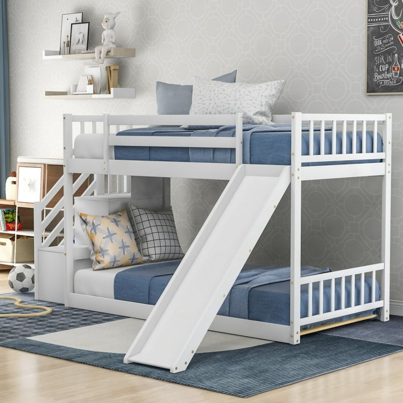 White Twin Over Twin Bunk Bed with Slide and Staircase