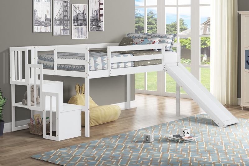 White Wooden Loft Bed with Slide and Storage Stairs