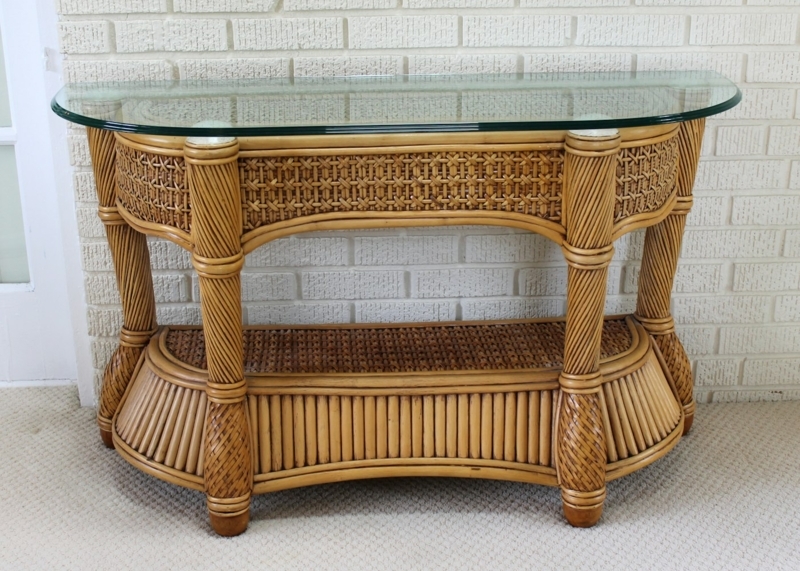 Wicker and Rattan Patio Console Sofa Table with Glass Top