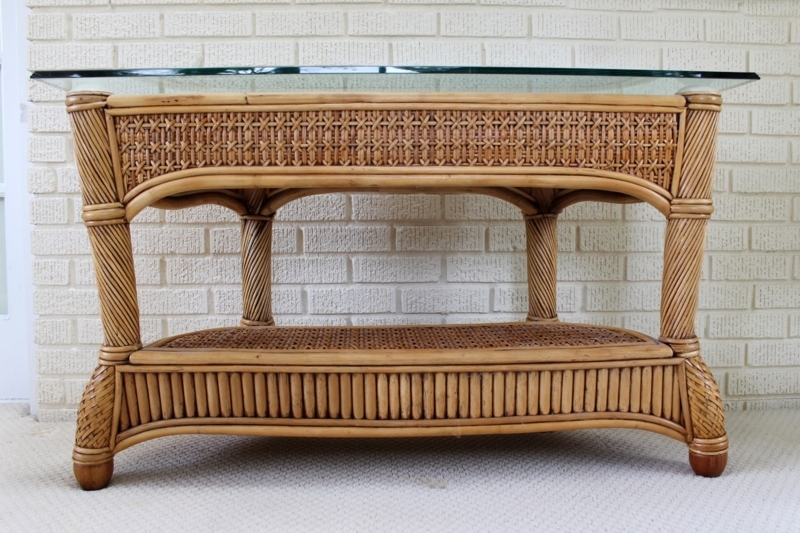 Wicker Rattan Patio Console Table with Glass Top