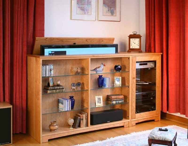Wooden TV Lift Cabinet with Glass Shelving