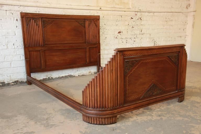 1930s French Art Deco Walnut Carved Bed Frame