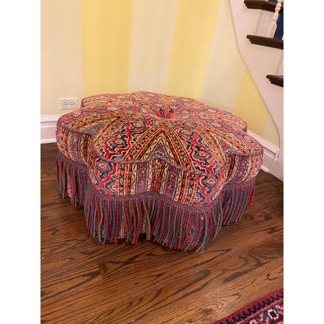 1980s Colorful Patterned Upholstered Ottoman with Fringe