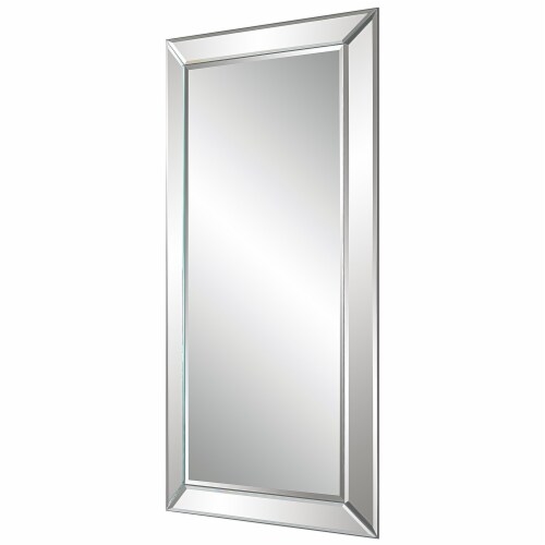 48 Inch Wood Rectangular Mirror, Mirrored Frame, Beveled Panels, Silver ...