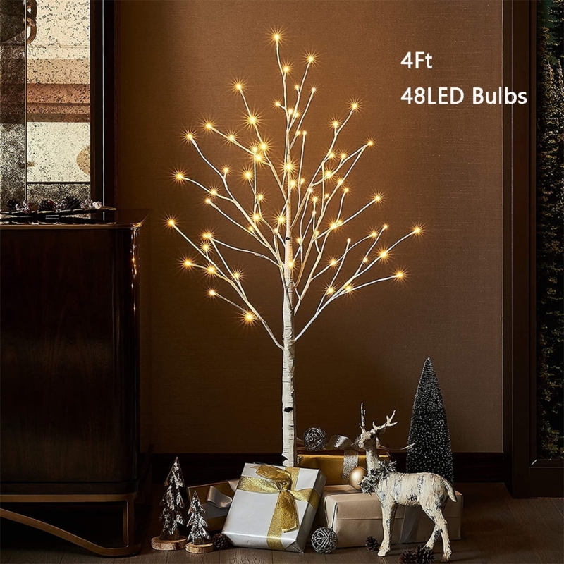4Ft Lighted Birch Tree with Warm LED Lights Decor