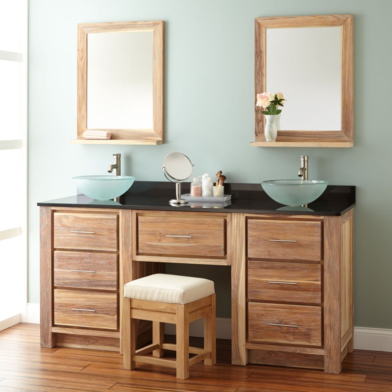 72 Inch Teak Double Vessel Sink Vanity with Makeup Area