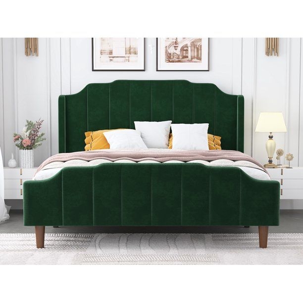 Allewie Queen Size Velvet Platform Bed with Modern Curved Upholstered ...