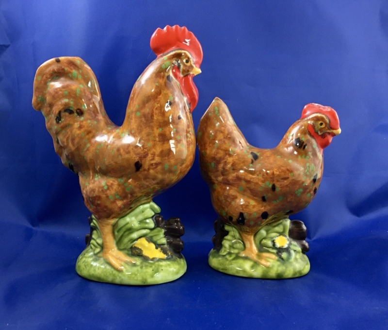 Antique Ceramic Rooster and Hen Figurines