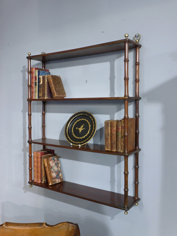 Antique Four-Tier Mahogany Wall Shelf with Turned Supports