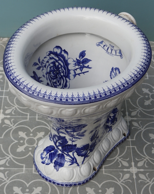 Antique Victorian Blue and White Patterned Toilet