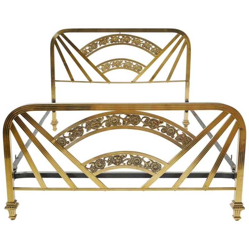 Art Deco Brass Full Size Bed Frame with Floral Details