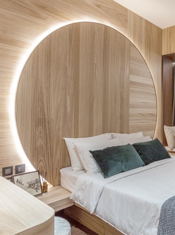 Backlit Circular Wood Headboard for Modern Bedroom