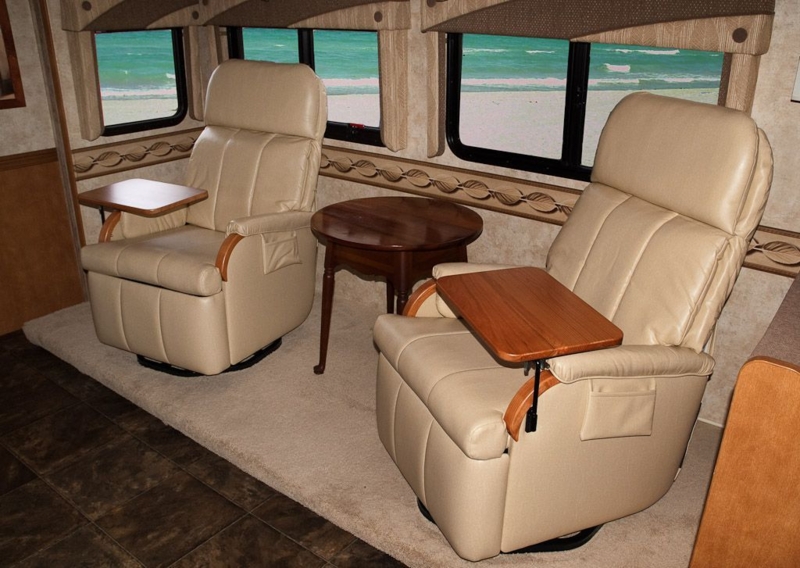 Beige RV Recliners with Built-In Wooden Tables