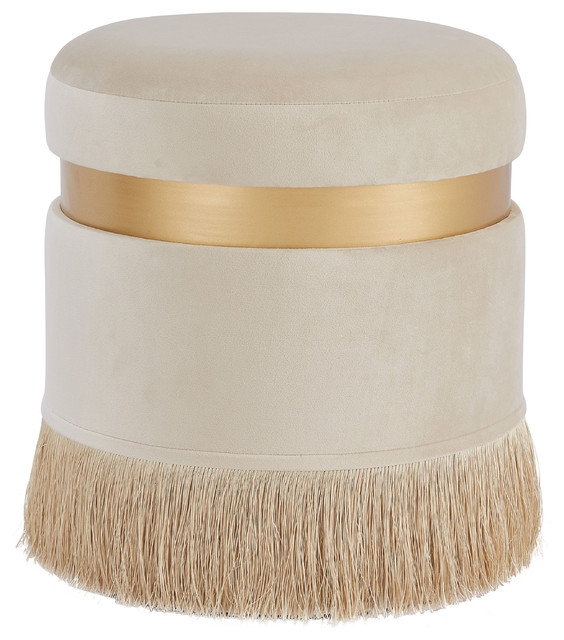 Beige Velvet Round Storage Ottoman with Fringe