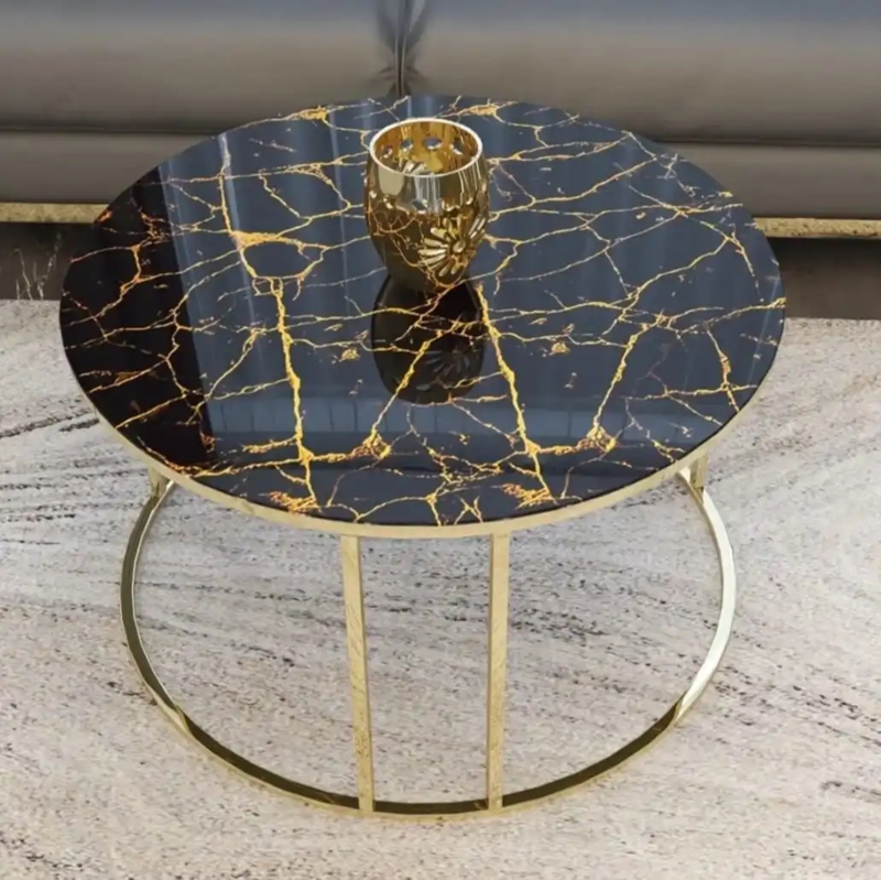 Black and Gold Marble Effect Round Coffee Table