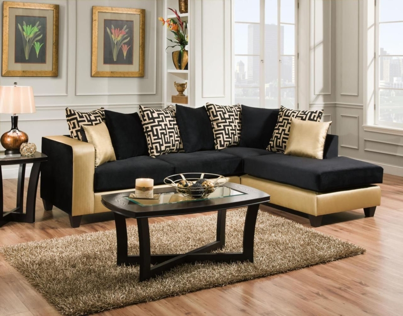 Black and Gold Sectional Sofa with Geometric Cushions