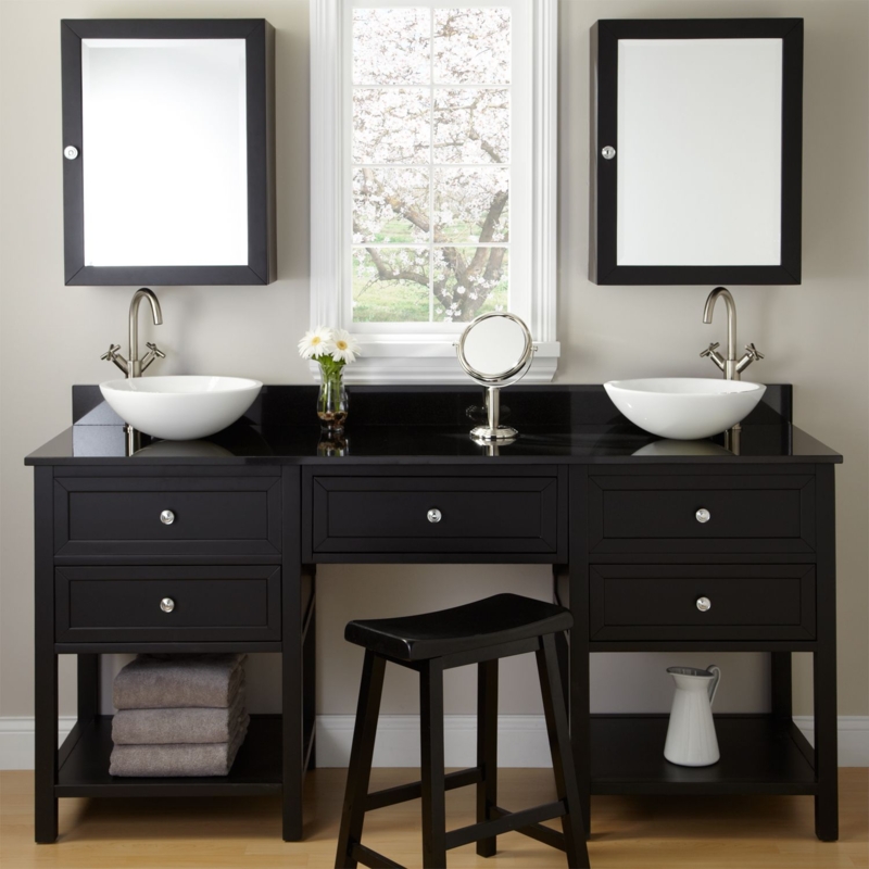 Black Double Vanity with Vessel Sinks and Makeup Area