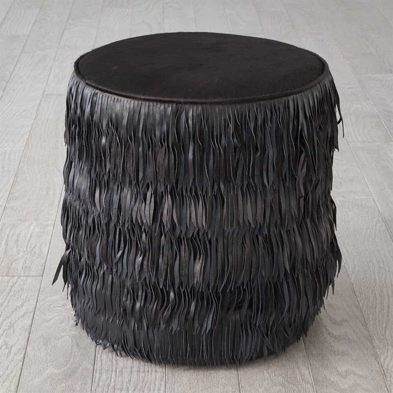 Black Fringe Leather Ottoman for Boho Interiors