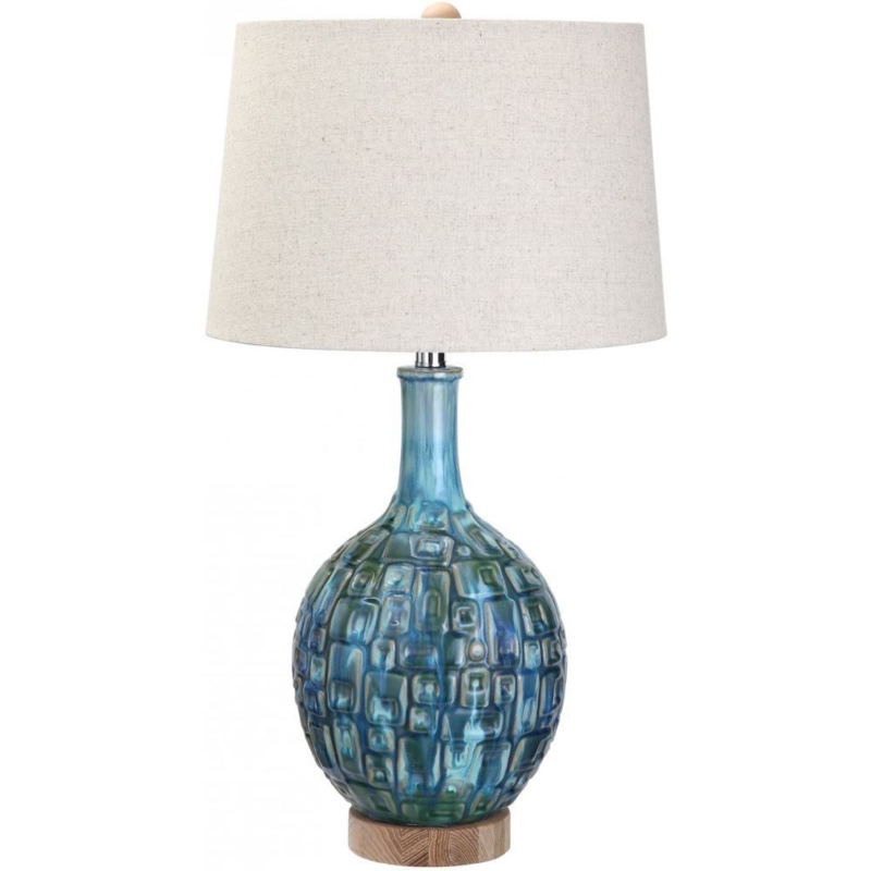 Blue Textured Glass Table Lamp with Beige Shade