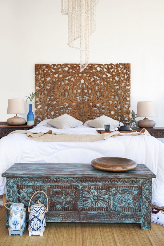 Boho Bedroom with Carved Balinese Wooden Headboard