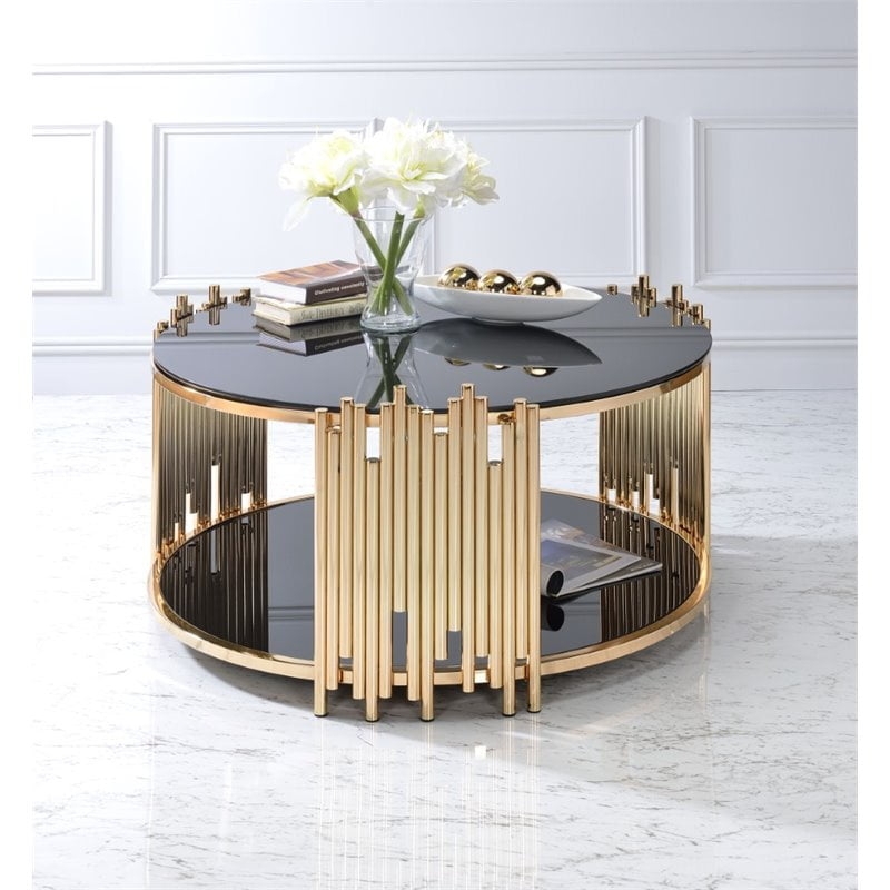 Bowery Hill Black and Gold Round Glass Coffee Table