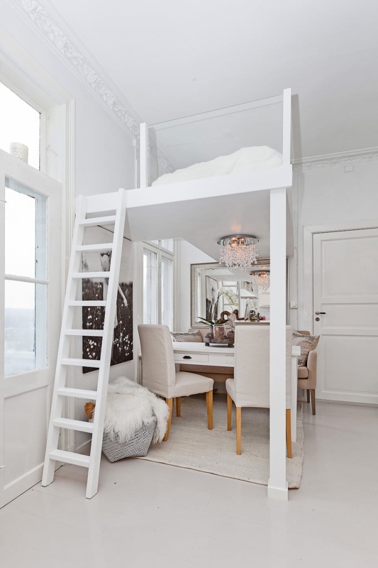 Bright White Loft Bed with Glass Railings