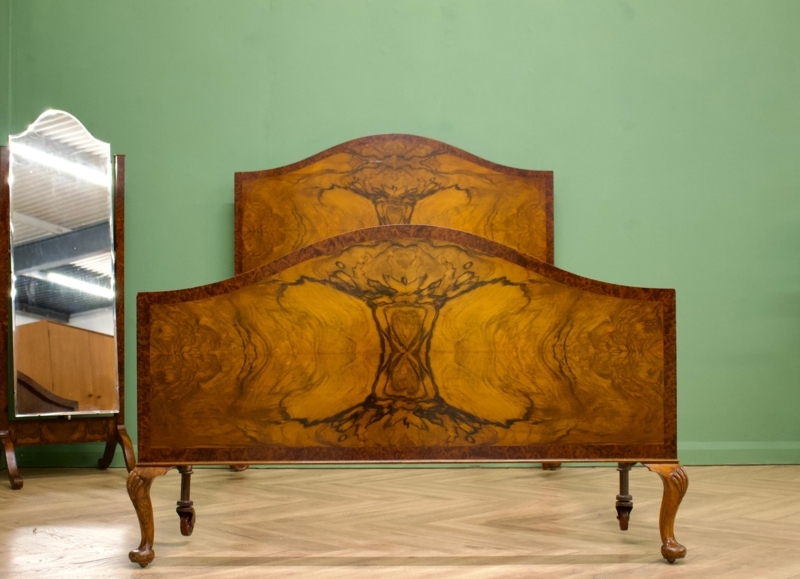 British Art Deco Burr Walnut Double Bed Frame