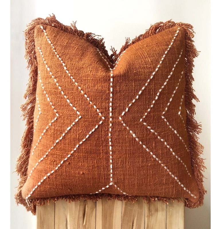 Burnt Orange Boho Throw Pillow with Fringe