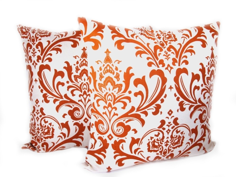 Burnt Orange Decorative Pillows with White Damask Pattern