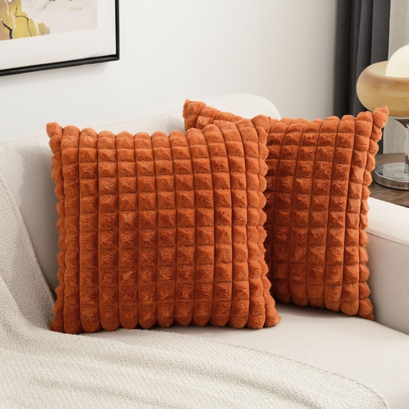 Burnt Orange Plush Textured Decorative Throw Pillows