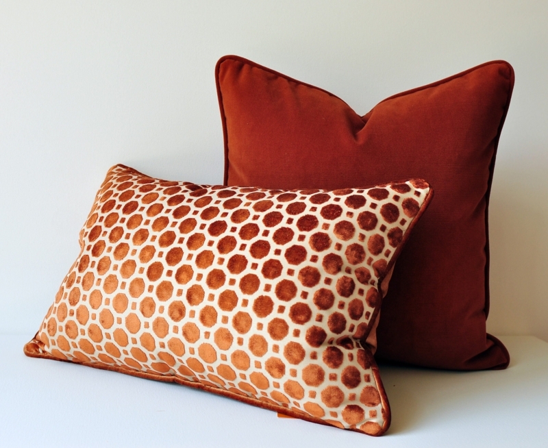 Burnt Orange Velvet Geometric Pattern Accent Pillows