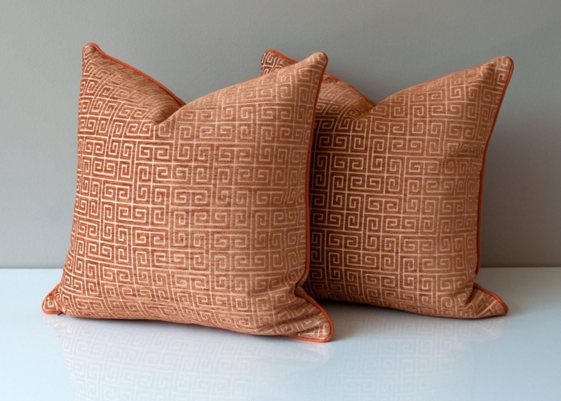 Burnt Orange Velvet Throw Pillows with Greek Key Pattern