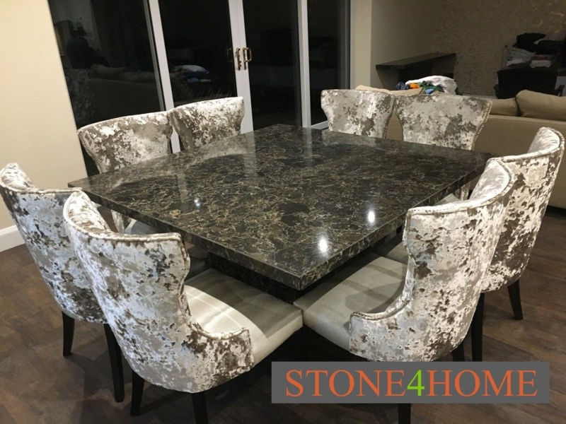 Cambria Quartz Square Dining Table with Velvet Chairs