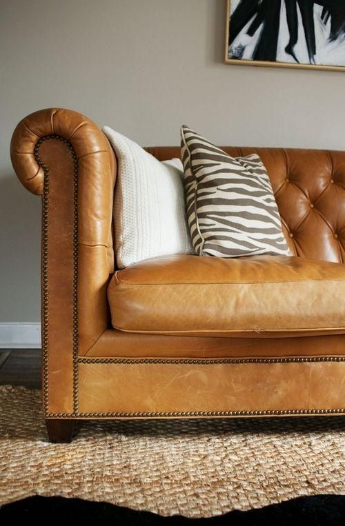 Camel Leather Chesterfield Sofa with Stylish Pillows
