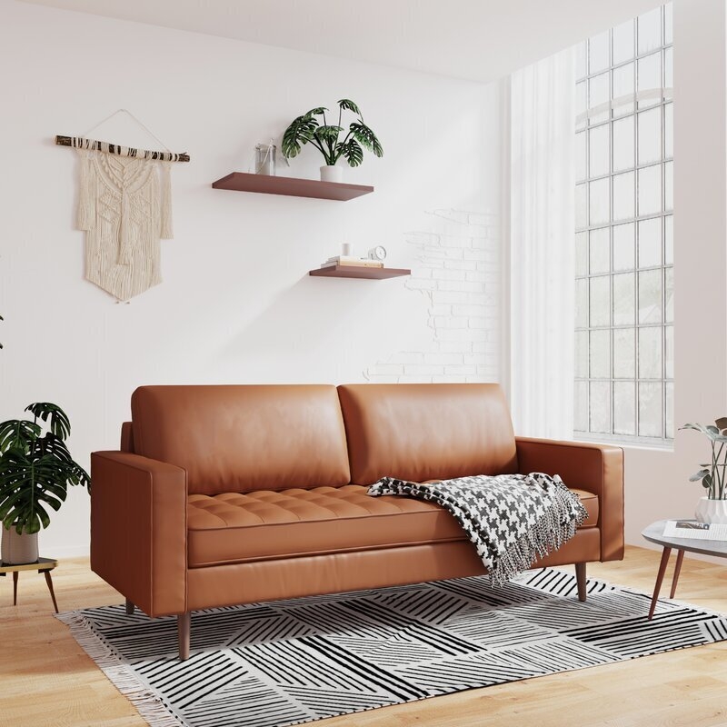 Camel Leather Sectional Sofa in Modern Living Room