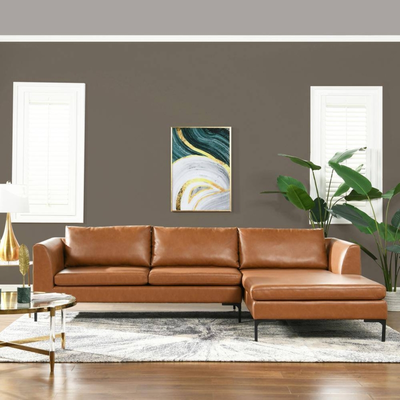 Caramel Leather Sectional Sofa in Modern Living Room