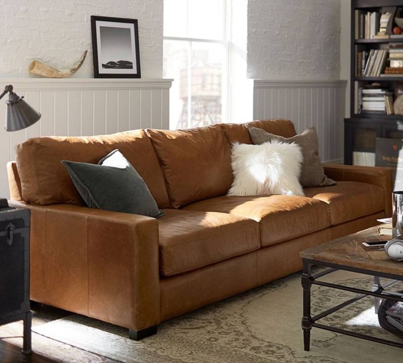Carmel Brown Leather Sofa in Cozy Living Room