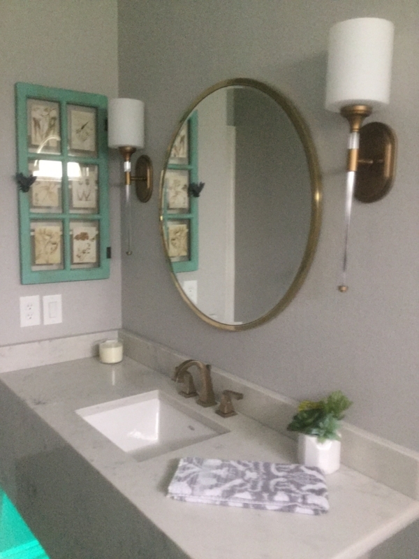 Champagne Bronze Round Bathroom Mirror with Wall Sconces