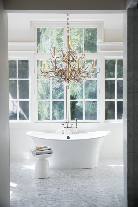 Champagne Gold Two-Tier Chandelier Over Freestanding Tub