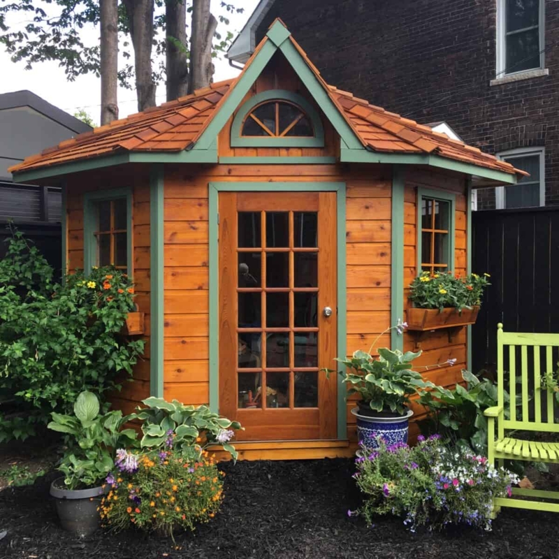Charming Five-Sided Wooden Garden Shed with Plants