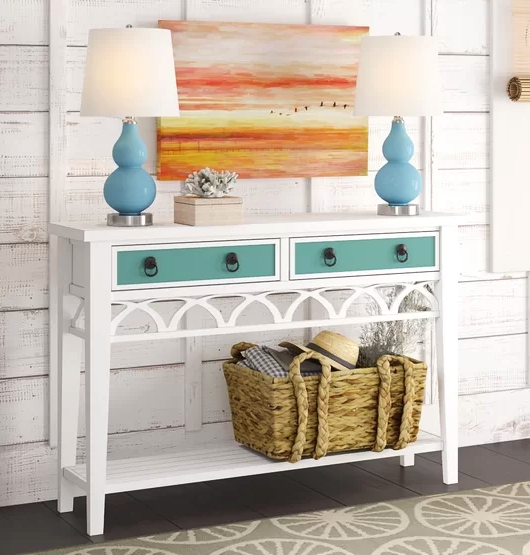 Charming White and Aqua Coastal Console Table