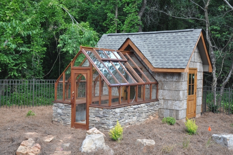 Charming Wooden and Stone Greenhouse Design