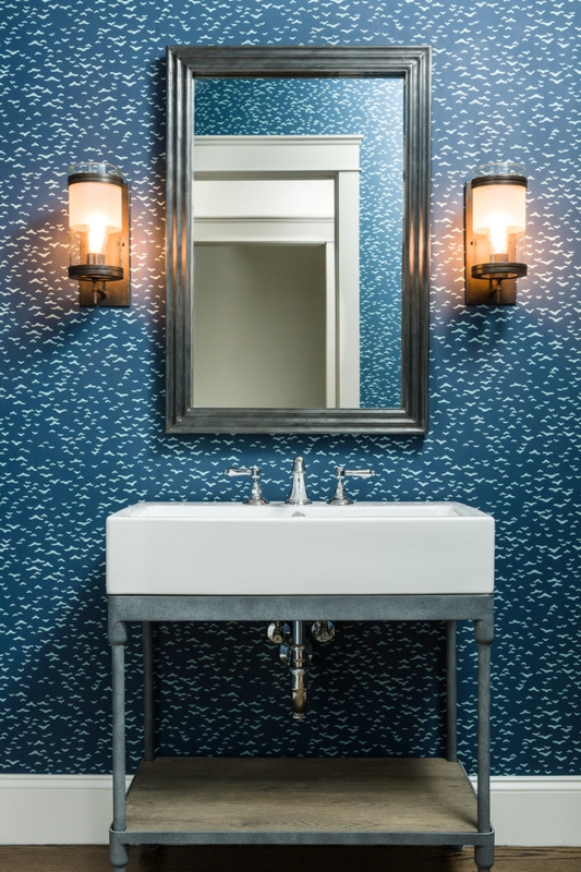 Chic Industrial Bathroom Vanity with Blue Wallpaper