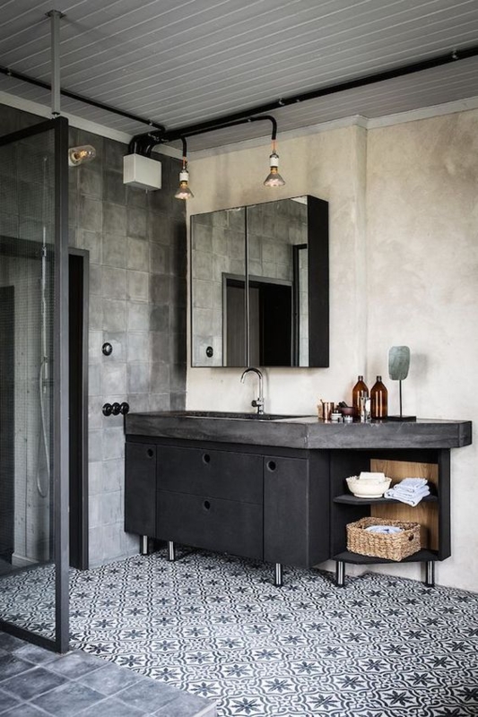 Chic Industrial Bathroom Vanity with Patterned Tile