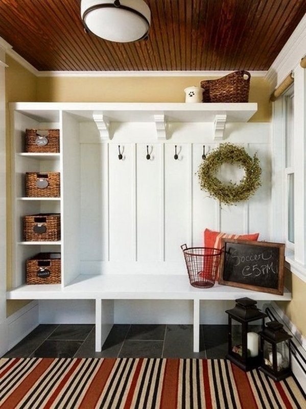 Chic White Mudroom Storage with Wicker Baskets