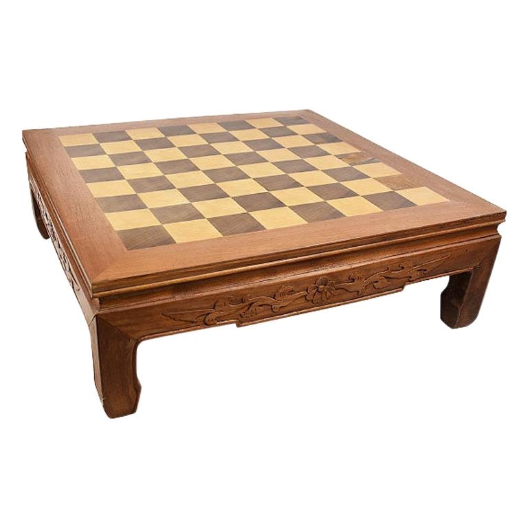 Chinoiserie Carved Low Square Wood Chess Table