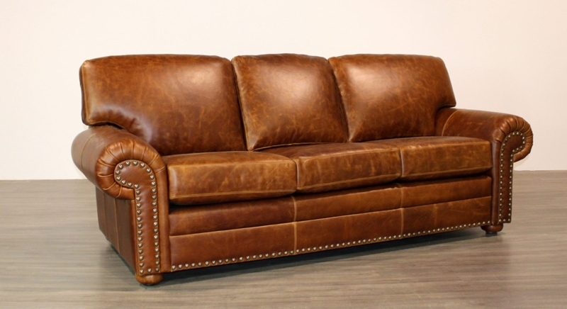 Classic Brown Leather Sofa with Nailhead Trim